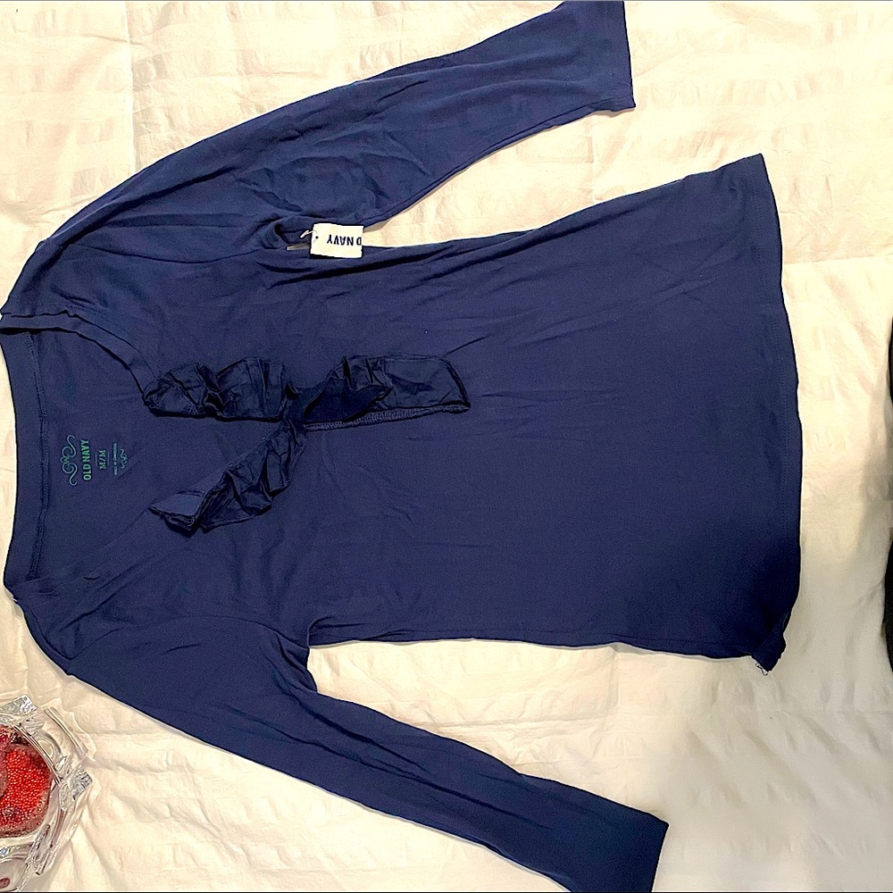 Old Navy Ruffle Henley Navy 3/4 Sleeve Top
